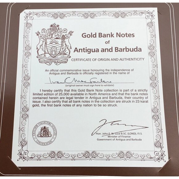 Gold Bank Notes Of Antigua And Barbuda 23 K Gold 30 Dollars Zebra Butterfly - Picture 5 of 5